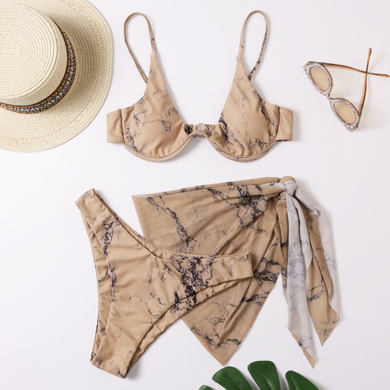 

3pack Marble Pattern Underwire Bikini Swimsuit & Cover Up, Brown