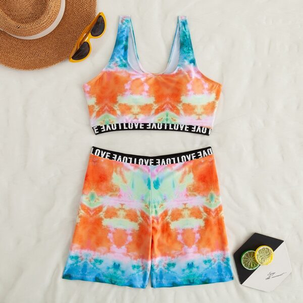 

Tie Dye Letter Trim Shorts Bikini Swimsuit, Multicolor