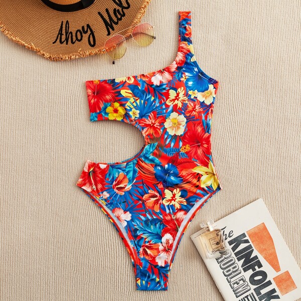 

Allover Floral Cut-out One Piece Swimsuit, Multicolor