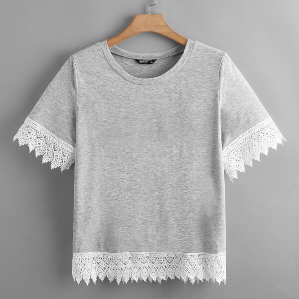 

Plus Contrast Lace Round Neck Tee, Grey