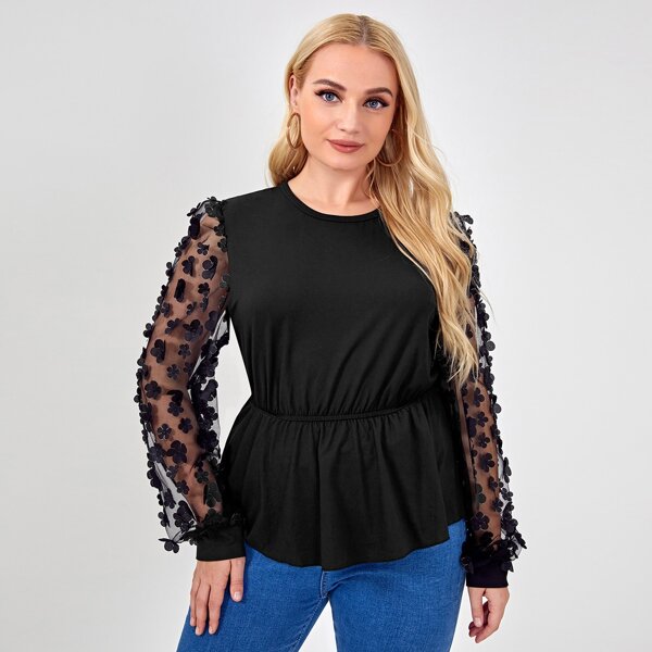 

Plus Appliques Contrast Mesh Tee, Black