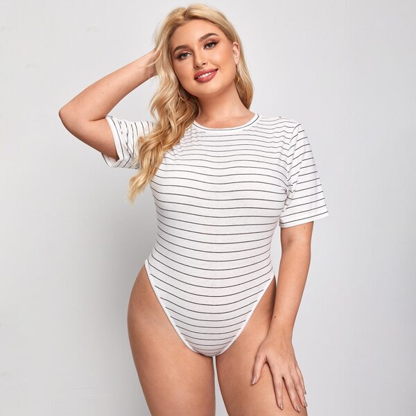

Plus Striped Print Short Sleeve Bodysuit, White