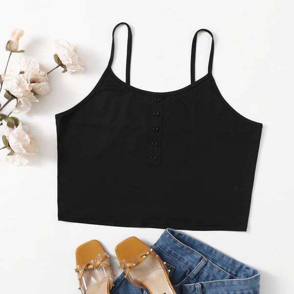 

Plus Button Detail Crop Cami Top, Black
