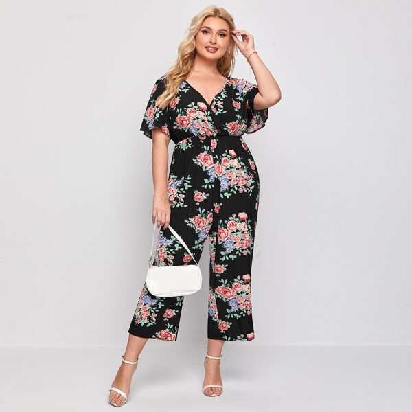 

Plus Floral Print Surplice Neck Wide Leg Jumpsuit, Multicolor