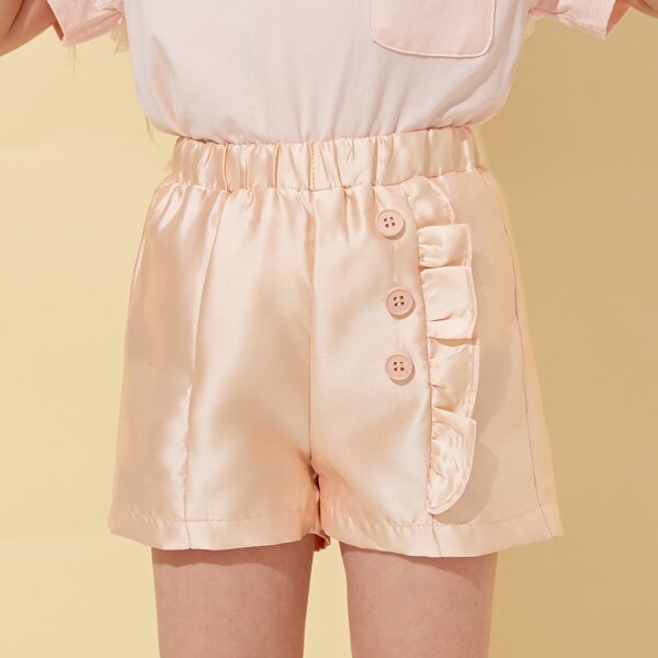 

Toddler Girls Ruffle Trim Satin Shorts, Baby pink