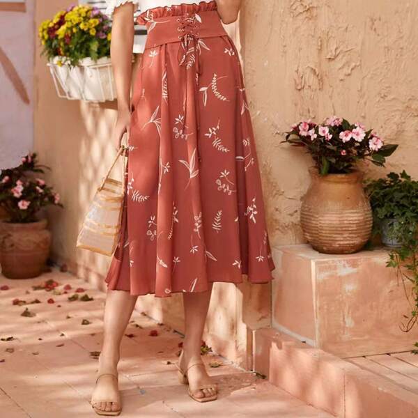 

Plants Print Corset Paperbag Midi Skirt, Coffee brown
