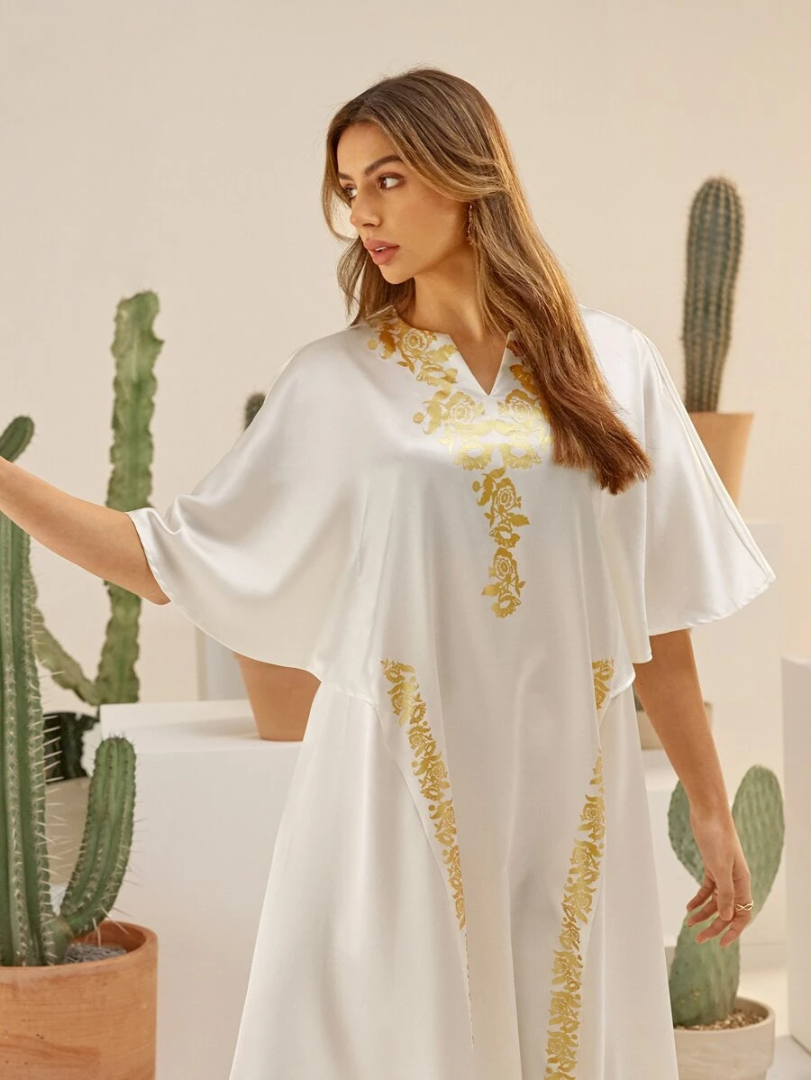 Al Najma Notch Neck Flutter Sleeve Floral Print Satin Dress - White - View 1