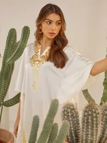 Al Najma Notch Neck Flutter Sleeve Floral Print Satin Dress - White - View 3