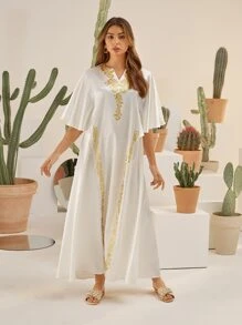 Al Najma Notch Neck Flutter Sleeve Floral Print Satin Dress - White - View 4