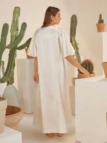 Al Najma Notch Neck Flutter Sleeve Floral Print Satin Dress - White - View 5