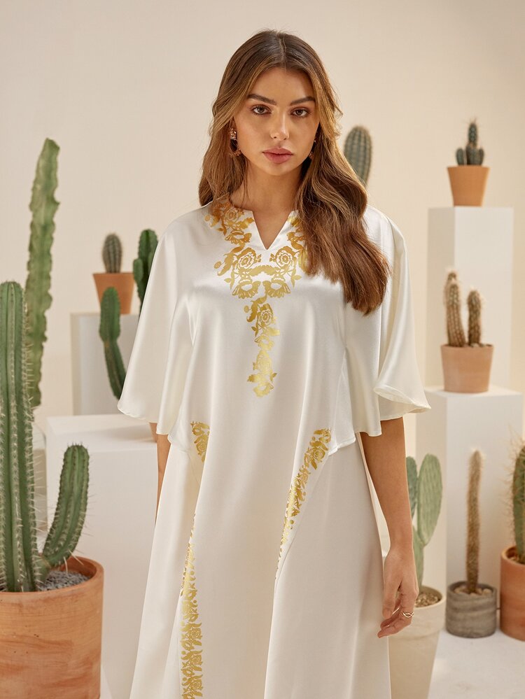 Al Najma Notch Neck Flutter Sleeve Floral Print Satin Dress - White - View 6