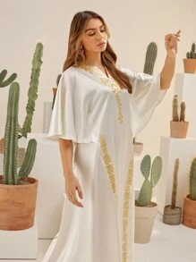 Al Najma Notch Neck Flutter Sleeve Floral Print Satin Dress - White - View 8