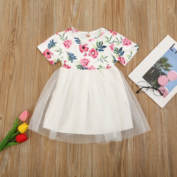 

Toddler Girls Floral Print Mesh Panel Dress, White