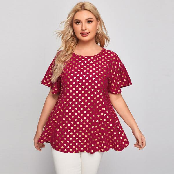 

Plus Butterfly Sleeve Polka Dot Blouse, Burgundy