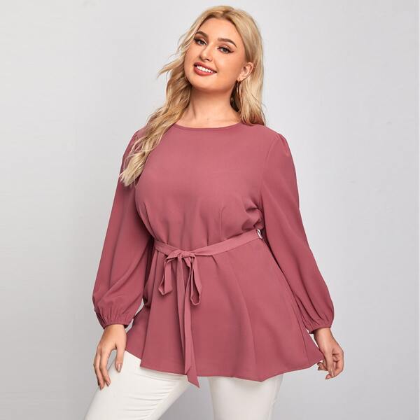 

Plus Puff Sleeve Belted Blouse, Rose red