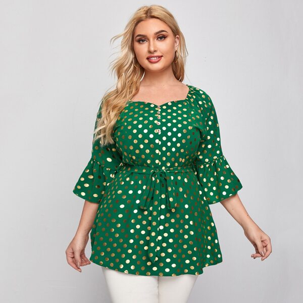 

Plus Flounce Sleeve Polka Dot Belted Blouse, Green