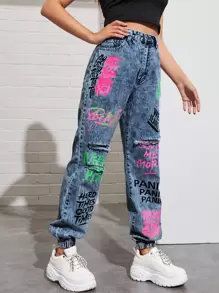 SHEIN EZwear Jeans con diseño roto con estampado de slogan - Azul - Ver 3