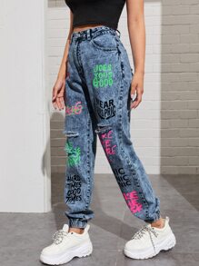 SHEIN EZwear Jeans con diseño roto con estampado de slogan - Azul - Ver 5