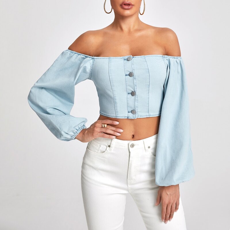 

Off Shoulder Lantern Sleeve Denim Top, Light wash
