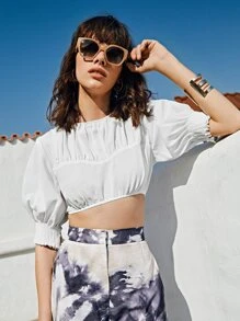 SHEIN Top corto con fruncido de manga farol de espalda con cremallera - Blanco - Ver 1