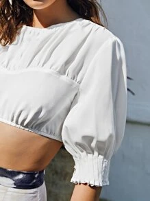 SHEIN Top corto con fruncido de manga farol de espalda con cremallera - Blanco - Ver 3
