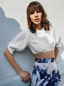 SHEIN Top corto con fruncido de manga farol de espalda con cremallera - Blanco - Ver 4