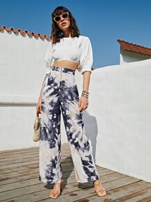 SHEIN Top corto con fruncido de manga farol de espalda con cremallera - Blanco - Ver 6