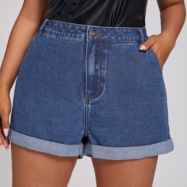 

Plus Slant Pocket Roll Hem Denim Shorts, Medium wash