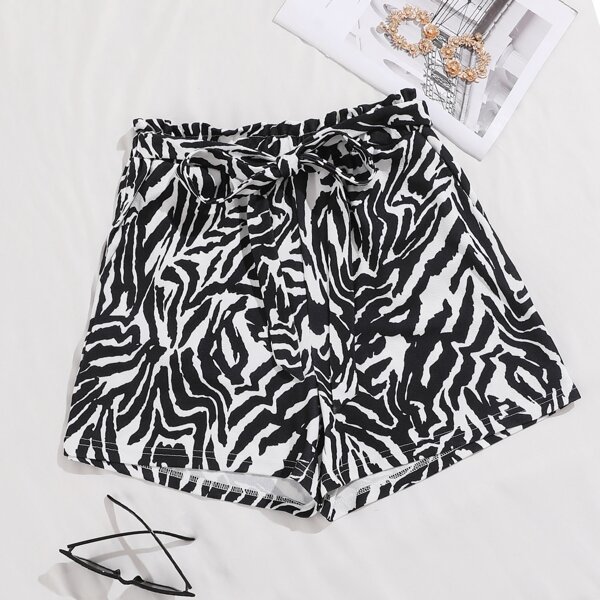 

Zebra Striped Belted Shorts, Black and white