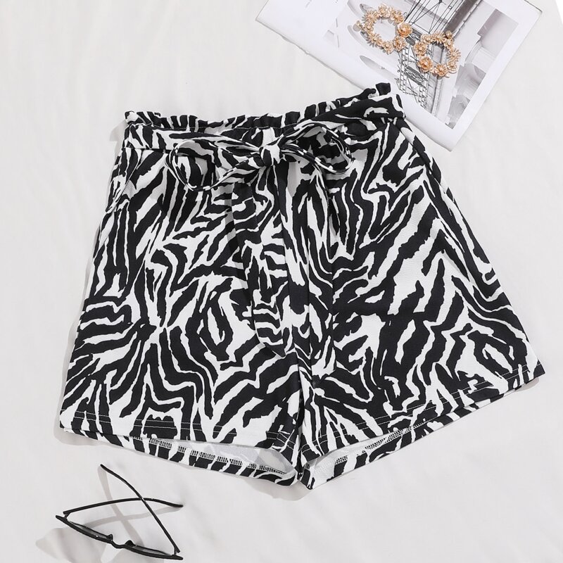 

Zebra Striped Belted Shorts, Black and white