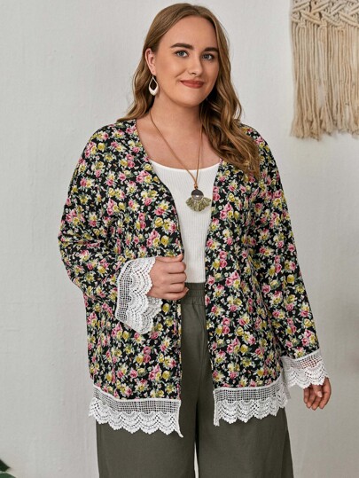emery rose plus all over floral print contrast lace kimono