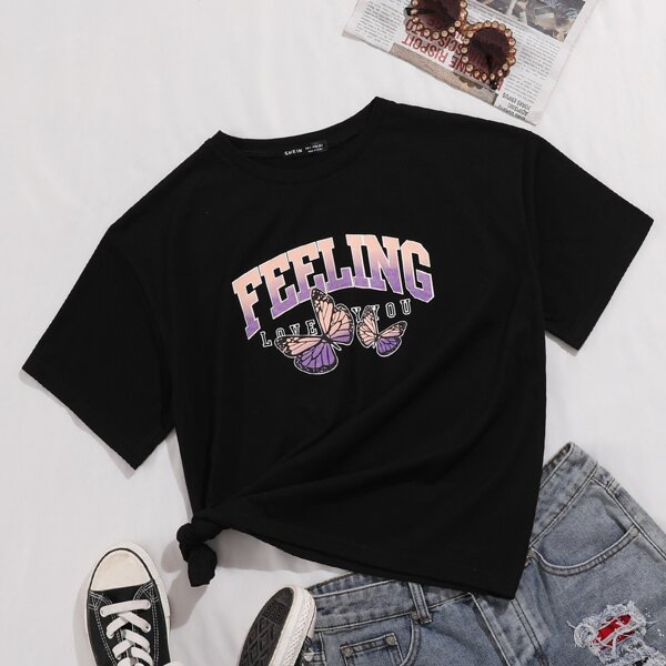 

Butterfly And Letter Graphic Tee, Black