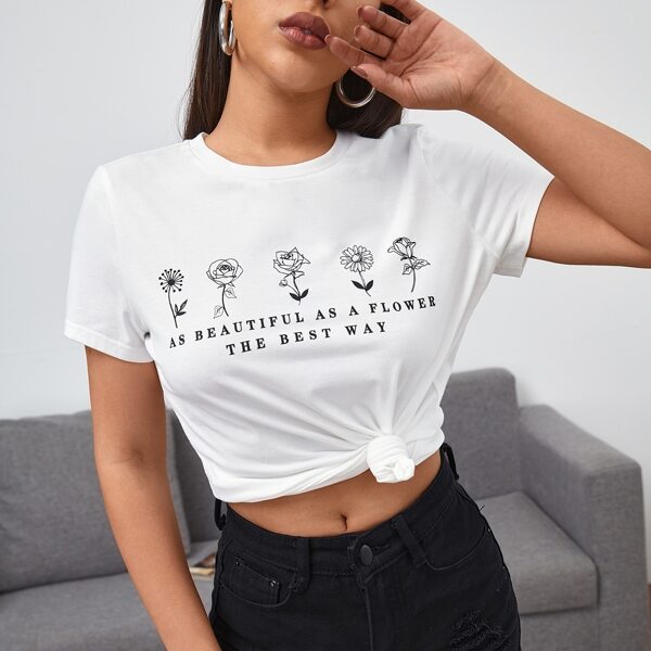 

Slogan & Floral Print Tee, White