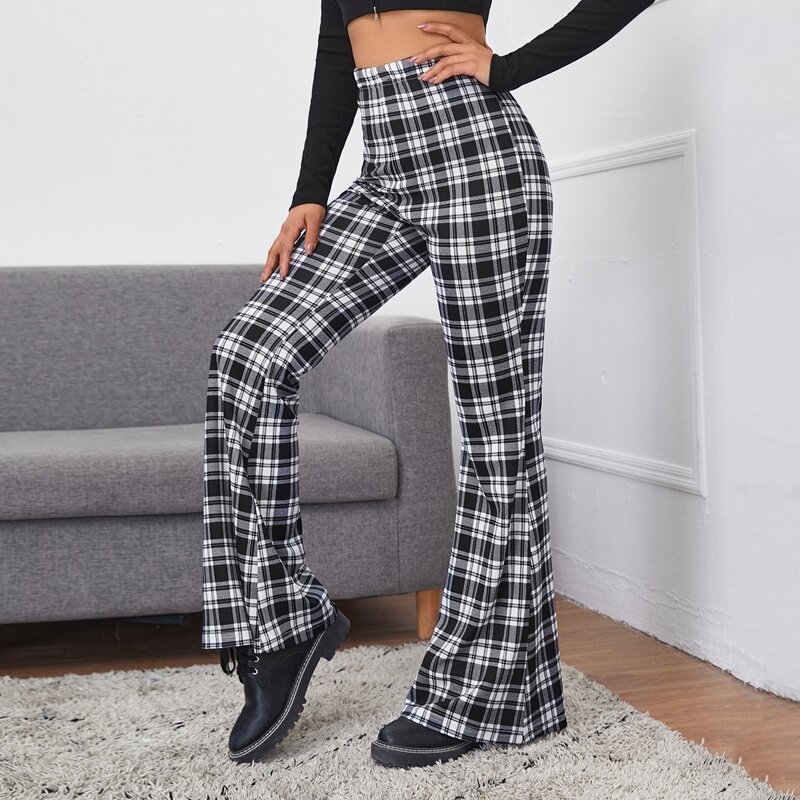 

Plaid Flare Leg Pants, Black and white