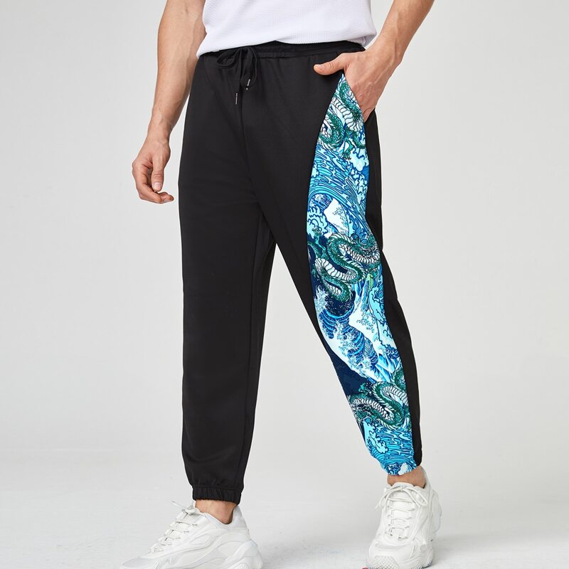 

Guys Dragon Print Drawstring Pants, Black