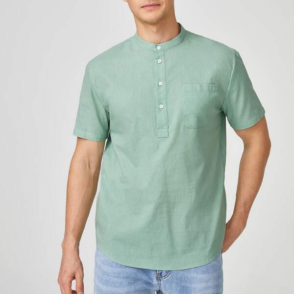 

Men Mock Neck Half Button Patch Pocket Shirt, Mint green