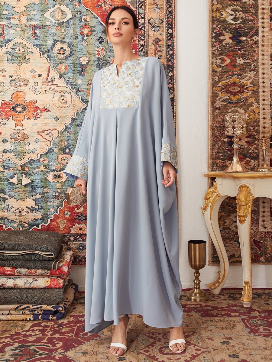 SHEIN Notch Neck Embroidery Detail Kaftan - Baby Blue - View 1