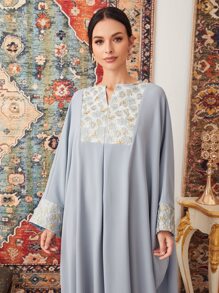 SHEIN Notch Neck Embroidery Detail Kaftan - Baby Blue - View 3