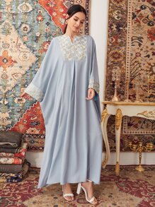 SHEIN Notch Neck Embroidery Detail Kaftan - Baby Blue - View 4