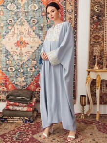 SHEIN Notch Neck Embroidery Detail Kaftan - Baby Blue - View 5