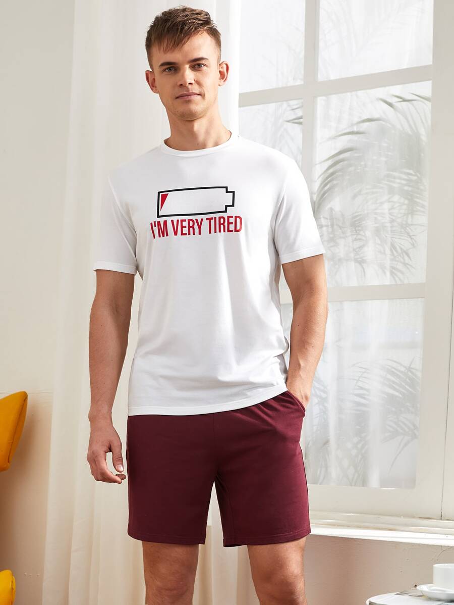 SHEIN Men Slogan Graphic Tee & Shorts PJ Set - Multicolor - View 1