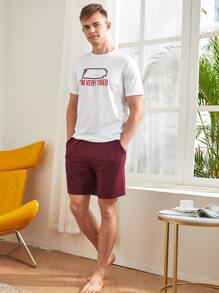 SHEIN Men Slogan Graphic Tee & Shorts PJ Set - Multicolor - View 3