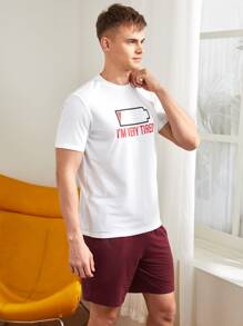 SHEIN Men Slogan Graphic Tee & Shorts PJ Set - Multicolor - View 4