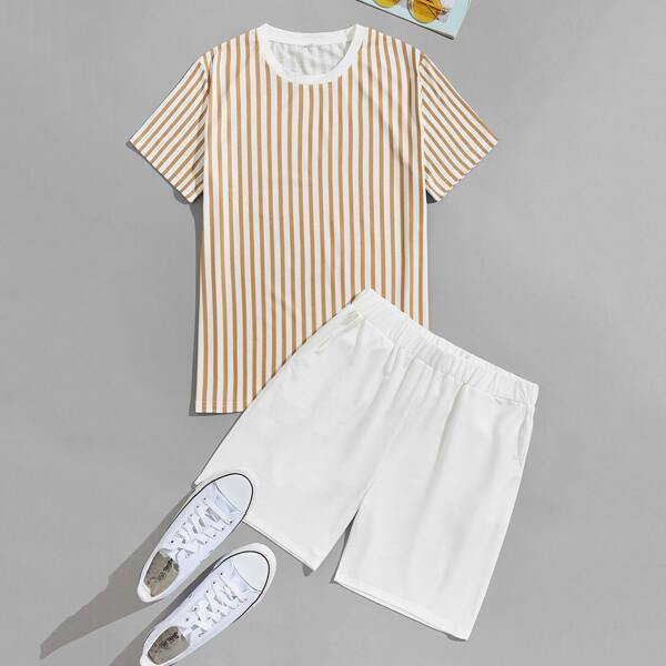 

Men Striped Print Tee With Elastic Waist Track Shorts, Multicolor