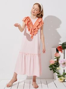 SHEIN 女孩拼接多層荷葉邊細節荷葉邊下擺連衣裙 - 淺粉色 - 查看 3