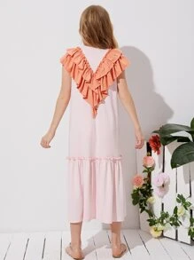 SHEIN 女孩拼接多層荷葉邊細節荷葉邊下擺連衣裙 - 淺粉色 - 查看 2