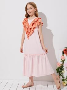 SHEIN 女孩拼接多層荷葉邊細節荷葉邊下擺連衣裙 - 淺粉色 - 查看 4