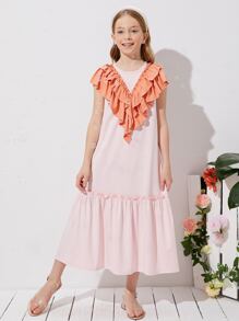 SHEIN 女孩拼接多層荷葉邊細節荷葉邊下擺連衣裙 - 淺粉色 - 查看 1