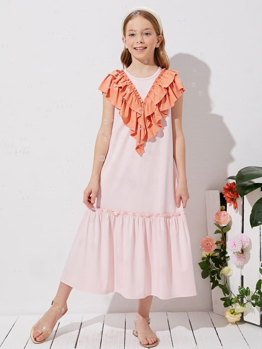 SHEIN 女孩拼接多層荷葉邊細節荷葉邊下擺連衣裙 - 淺粉色 - 查看 1