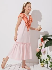 SHEIN 女孩拼接多層荷葉邊細節荷葉邊下擺連衣裙 - 淺粉色 - 查看 5
